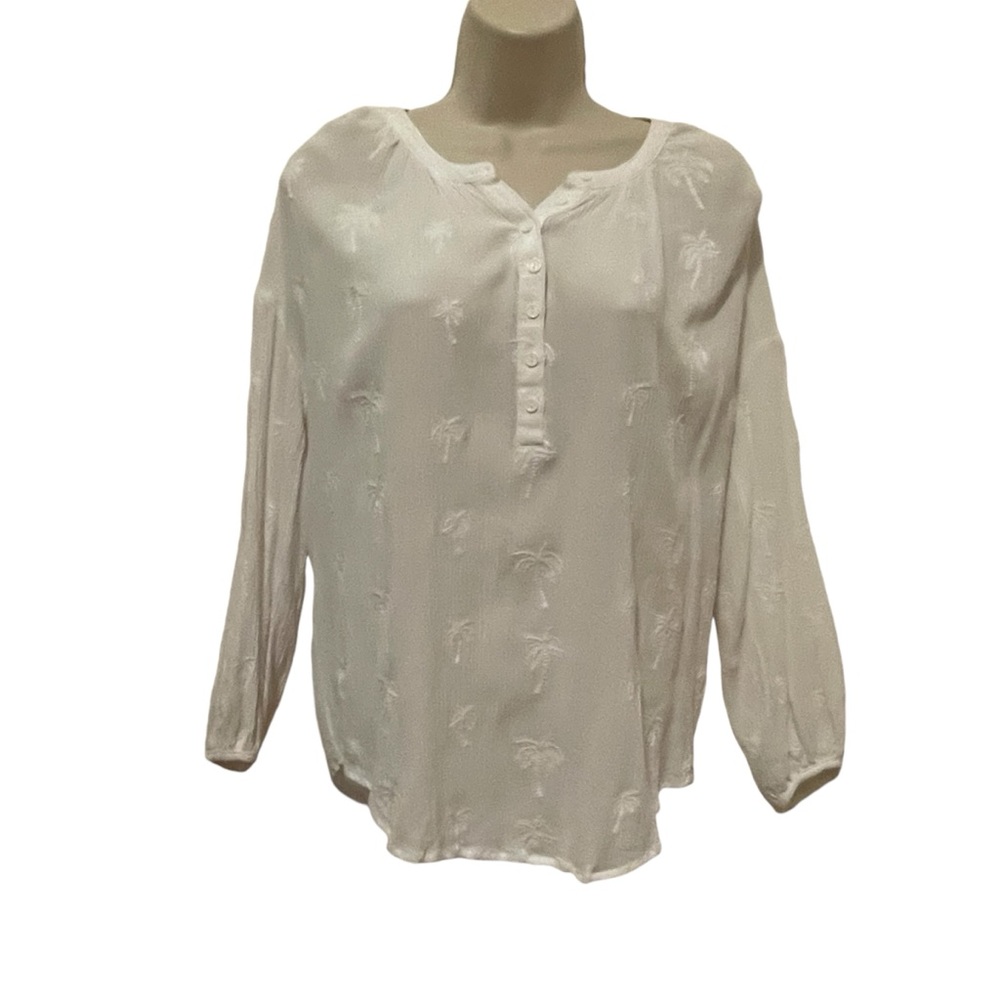 Z Supply White Button Up Blouse Top Embroidered Palm Trees Size Small